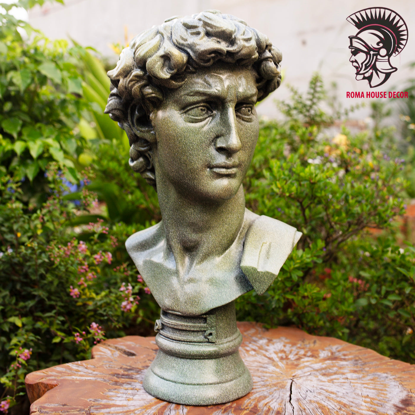 Greek David Bust with Corinthian Column – Classic Roman Style Decor Set, Green Stone Finish (21.6" & 30.7")