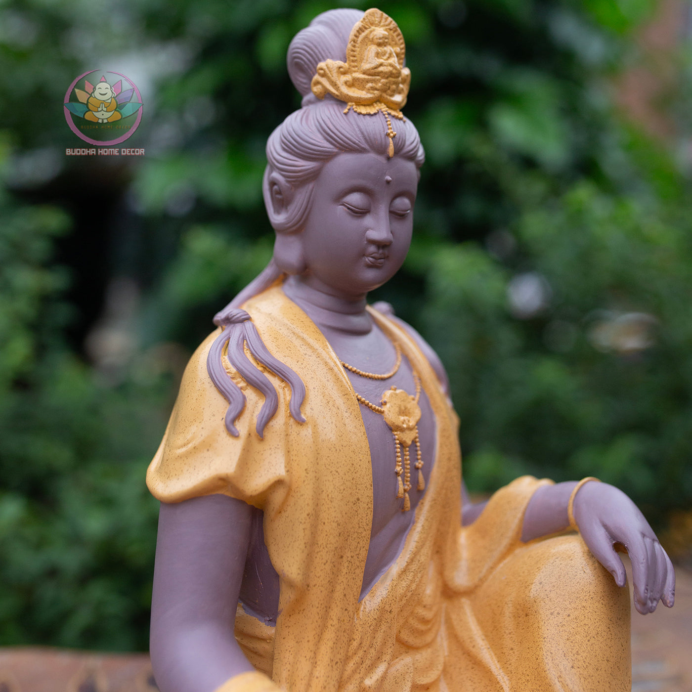 Guanyin Bodhisattva Statue 9.8" – Resin & Stone Powder Seated Kwan Yin in Golden Jade Finish