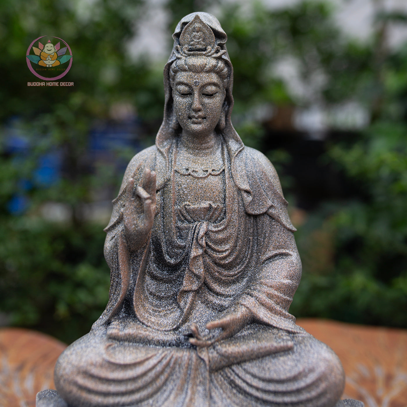 Buddha Trio Statue Set – Shakyamuni (32 cm), Ksitigarbha & Guanyin (30 cm) – Antique Stone Finish