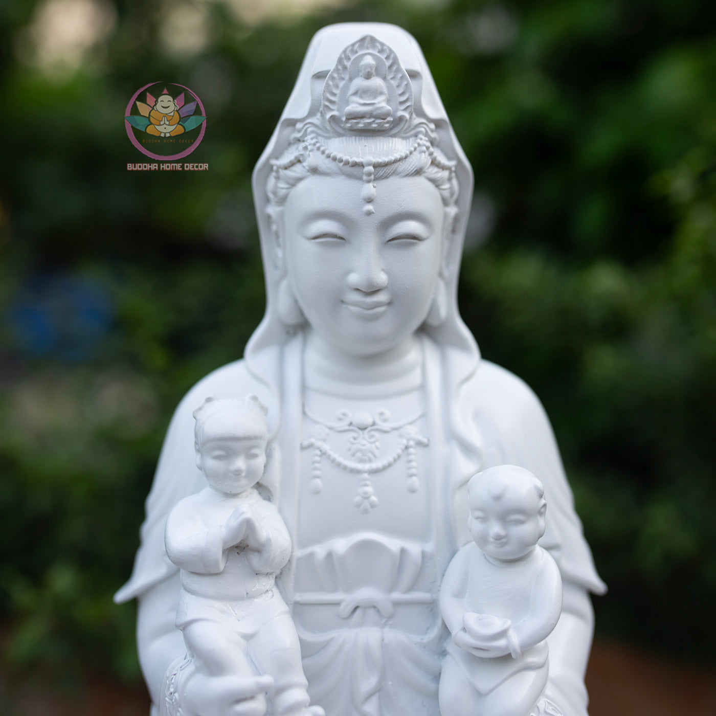 Quan Yin with Children Statue 11.8" | Composite Resin and Stone Powder | White Finish Guanyin Bodhisattva