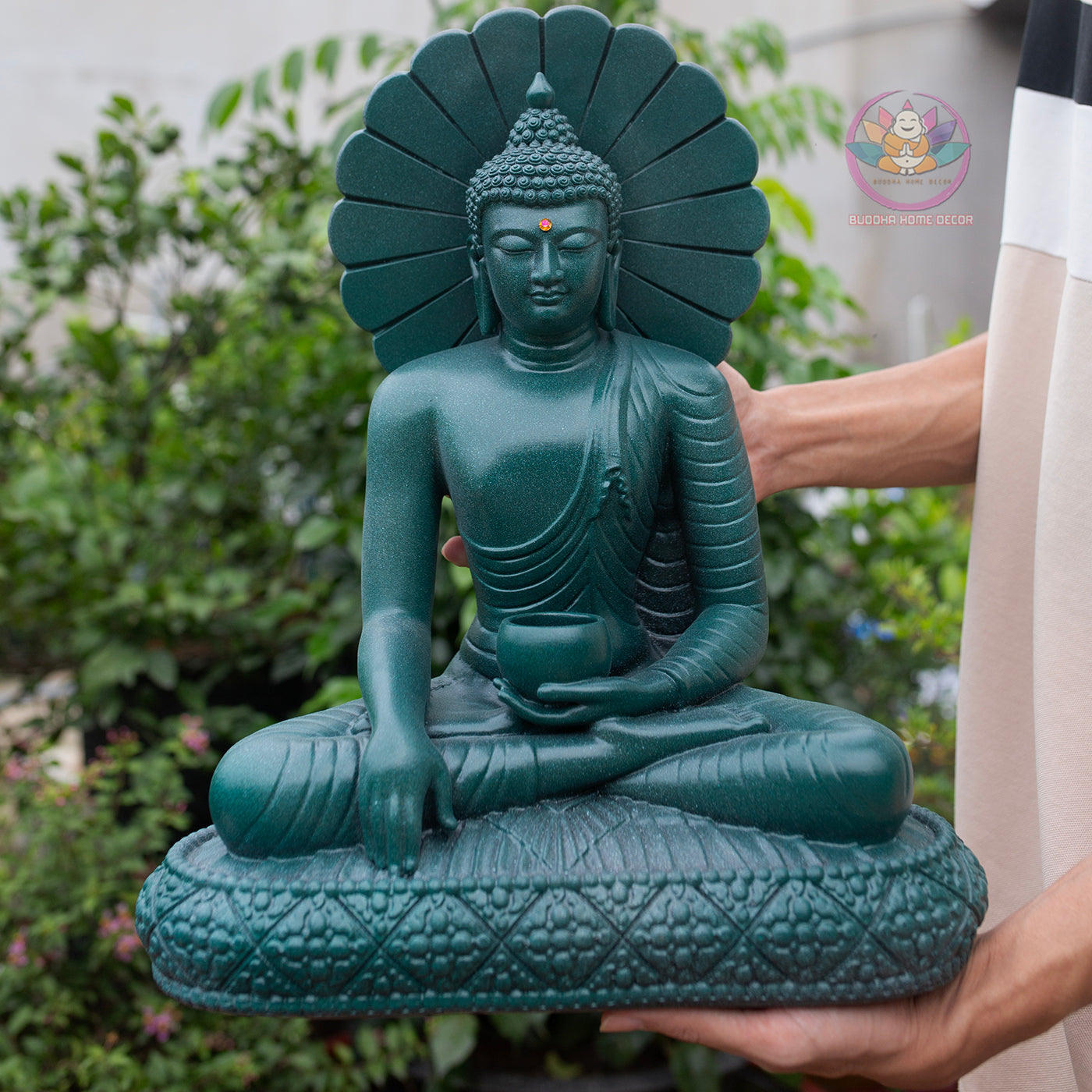Thai Buddha Statue 15.3" – Composite Seated Buddha with Lotus Bowl and Halo, Antique Green Finish Meditation Sculpture