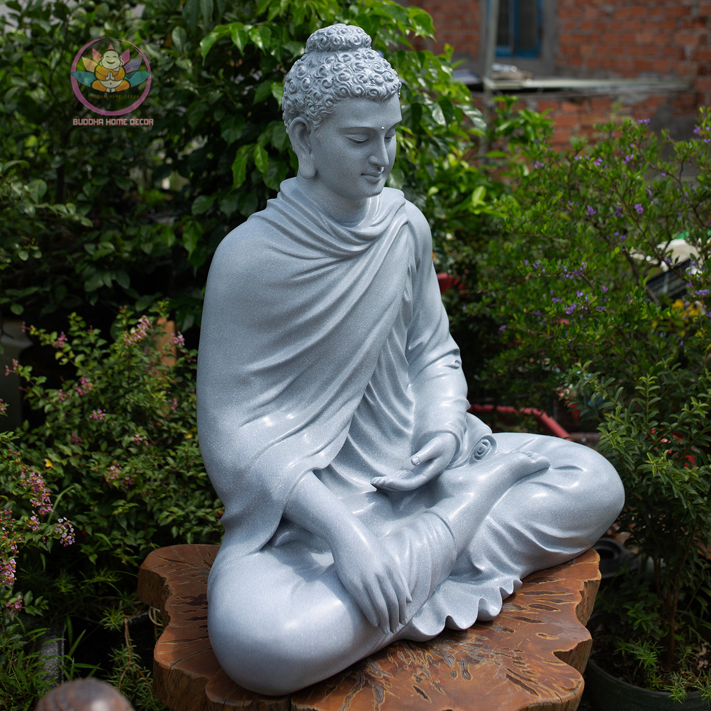 Shakyamuni Buddha Statue – Large Grey Stone Finish Seated Buddha Meditation Sculpture 29.5"