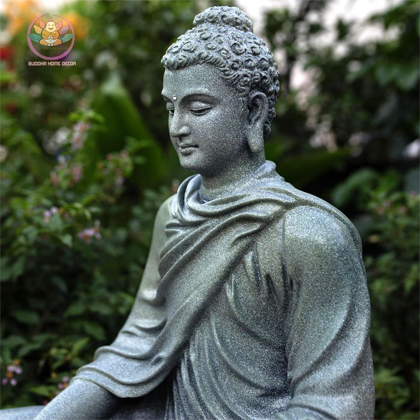 Granite-Look Buddha Statue – 14.6" (37cm) Shakyamuni in Earth-Touching Mudra | Resin Stone Meditation Sculpture | Handmade in Vietnam