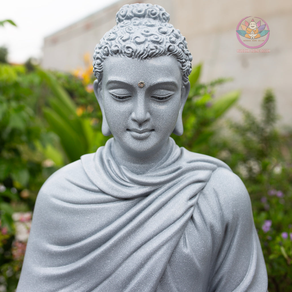 Shakyamuni Buddha Statue 23.6" | Composite Resin and Stone Powder | Grey Stone Finish | Seated Meditation Buddha on Lotus Pedestal