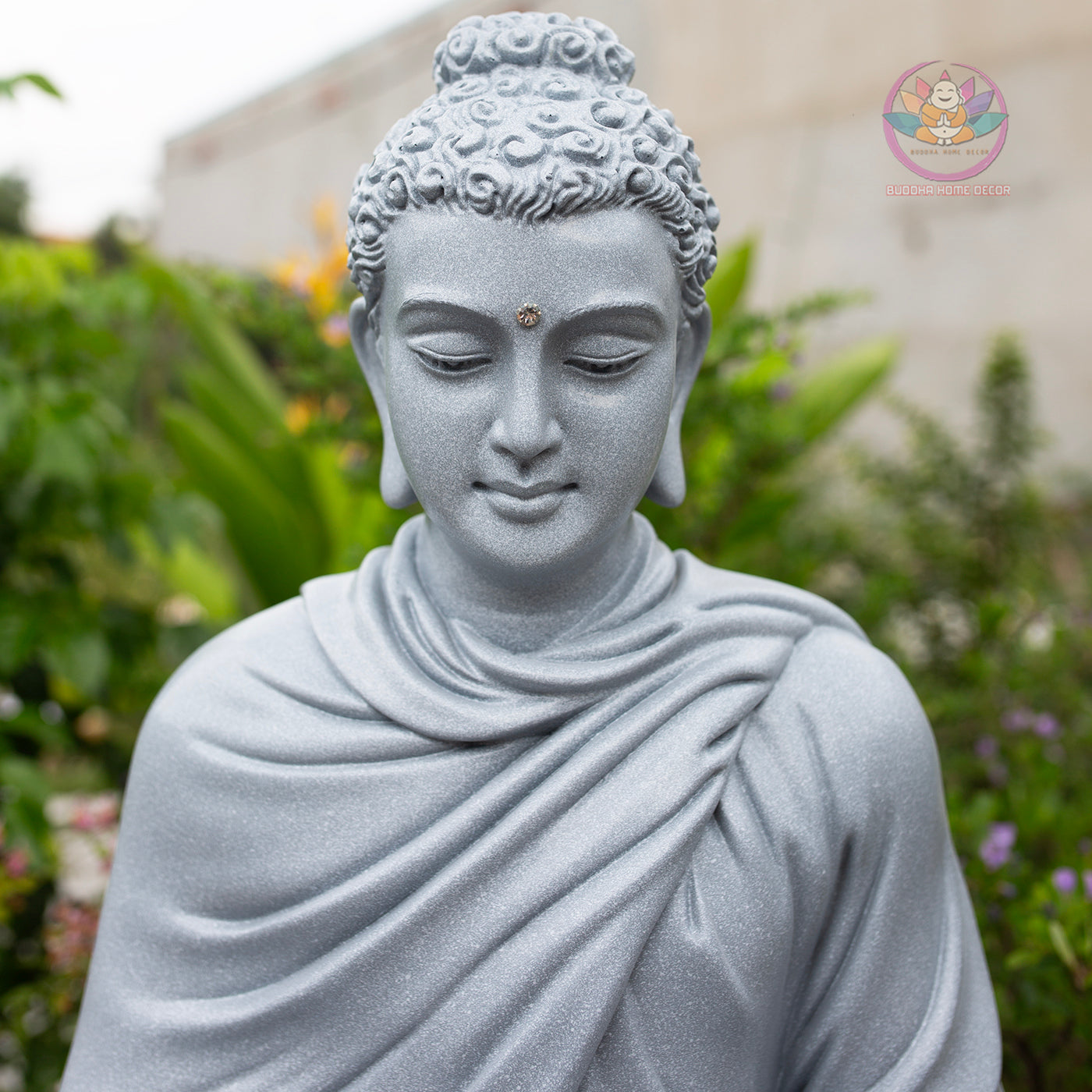 Shakyamuni Buddha Statue 23.6" | Composite Resin and Stone Powder | Grey Stone Finish | Seated Meditation Buddha on Lotus Pedestal