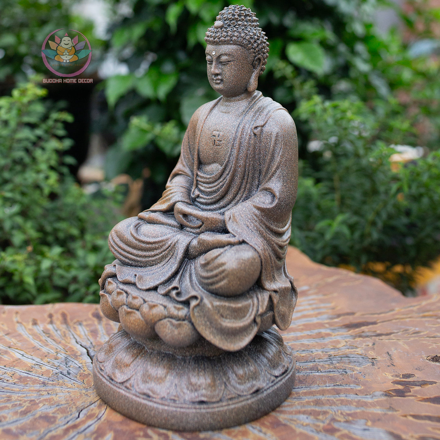 Amitabha Buddha Statue 11.8" – Antique Stone Finish Seated Amida Buddha on Lotus Pedestal