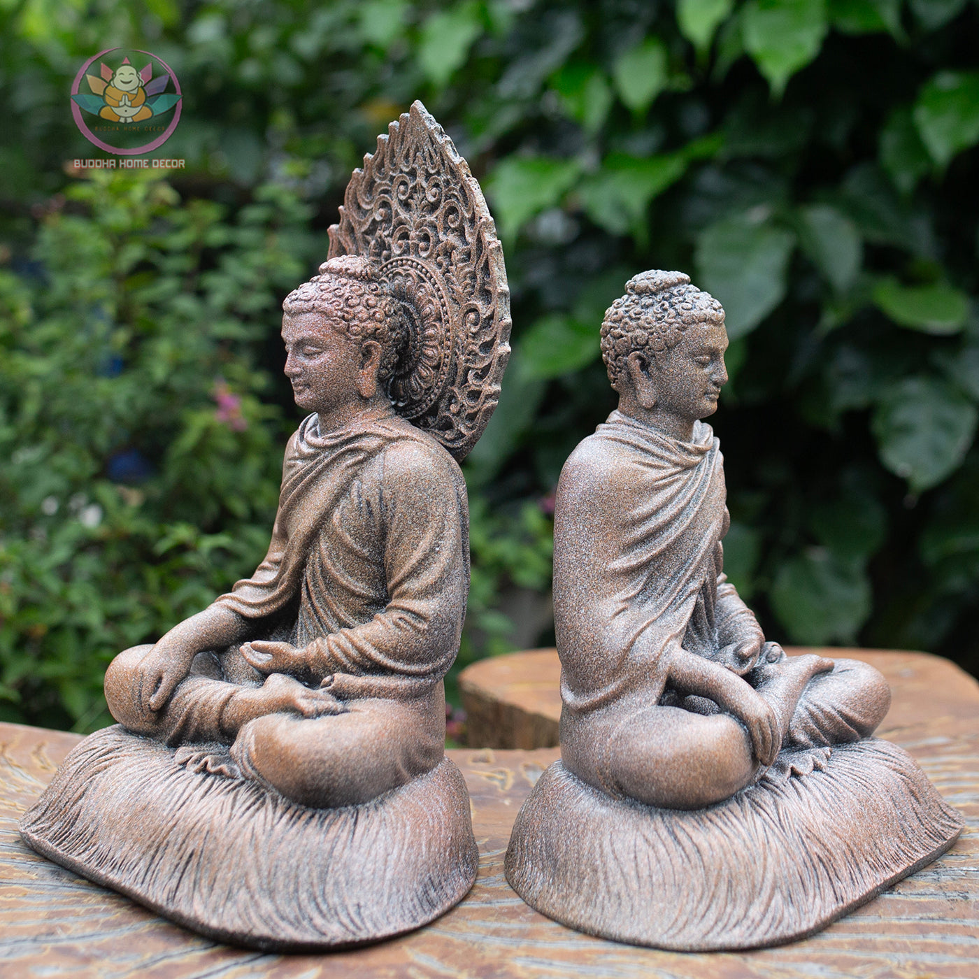 Shakyamuni Buddha Statue 8.7" – Antique Stone Finish Buddha with Halo Backdrop