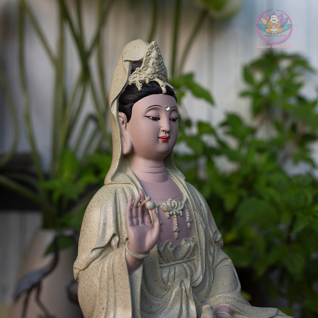 Matte Beige Guanyin Statue 11.8” | Kuan Yin Goddess of Mercy Figurine | Resin Sculpture for Altar, Zen Home, Meditation, Spiritual Gift