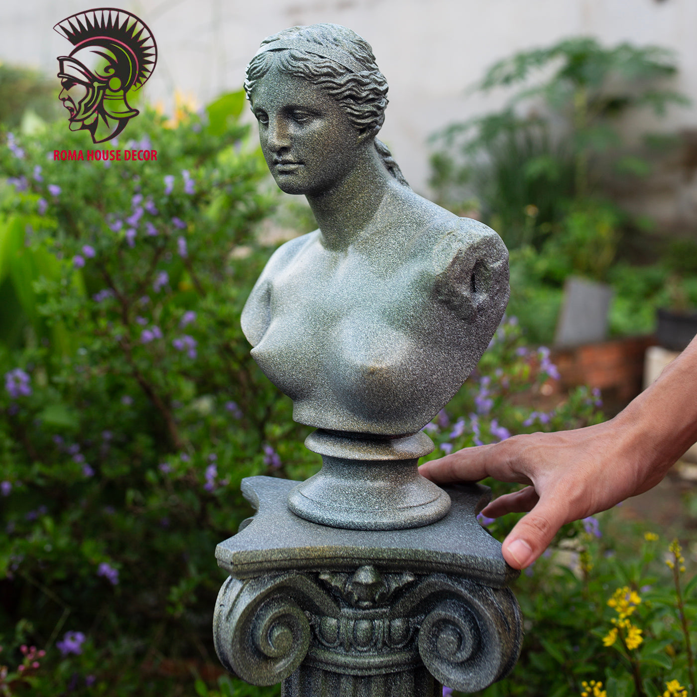Venus de Milo Bust with Column Pedestal – Greek Goddess Sculpture Set, Green Stone Finish (11.8" & 13")
