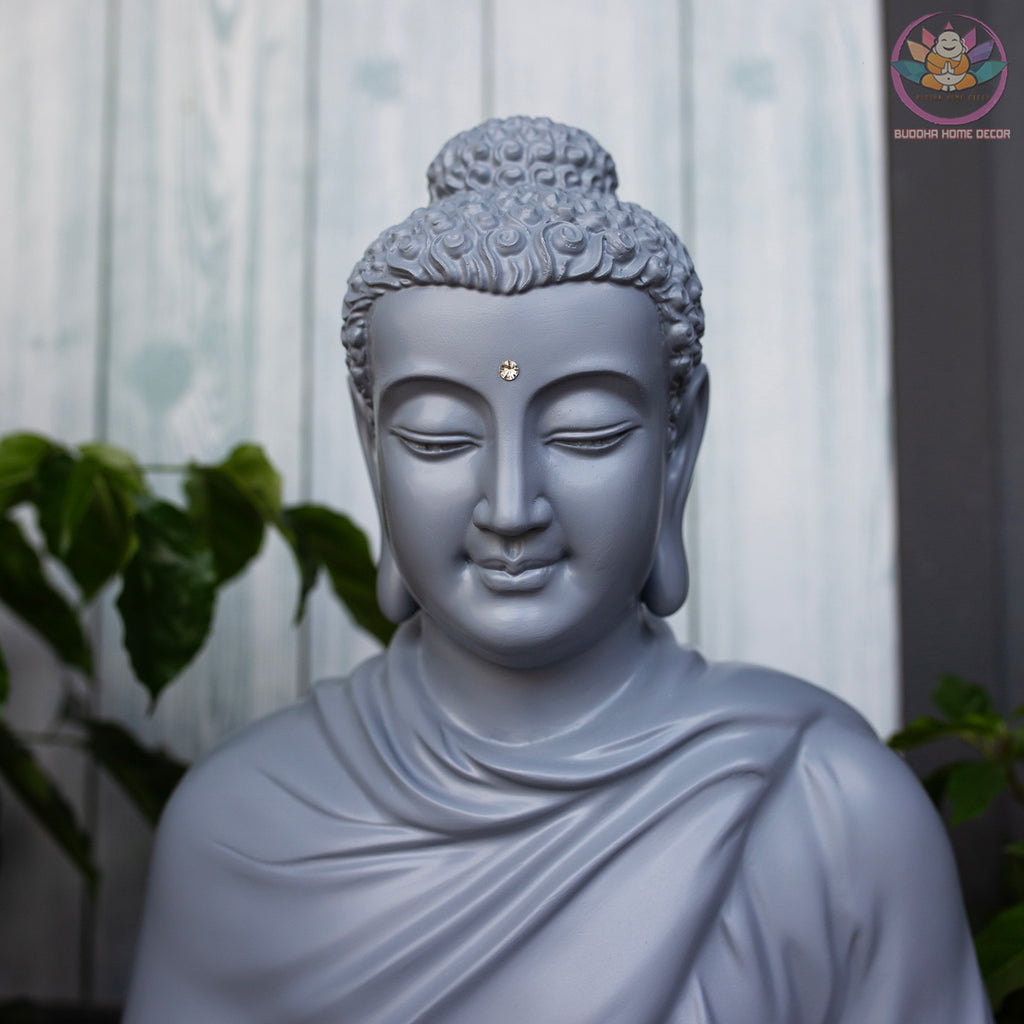 Blue-Grey Buddha Statue – 19.7" (50cm) Shakyamuni in Meditation | Satin Resin Finish | Handcrafted Buddhist Decor from Vietnam