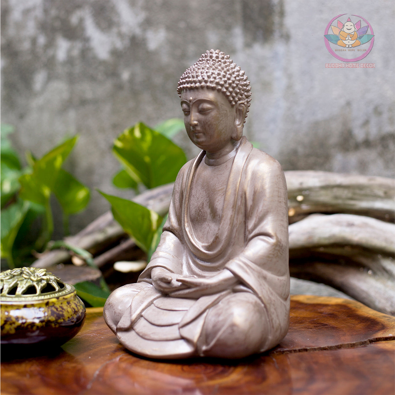 Small Stone Finish Buddha Statue – 9.8" Resin Meditating Buddha Figurine – Zen Altar, Meditation Space, Peaceful Home Decor Gift