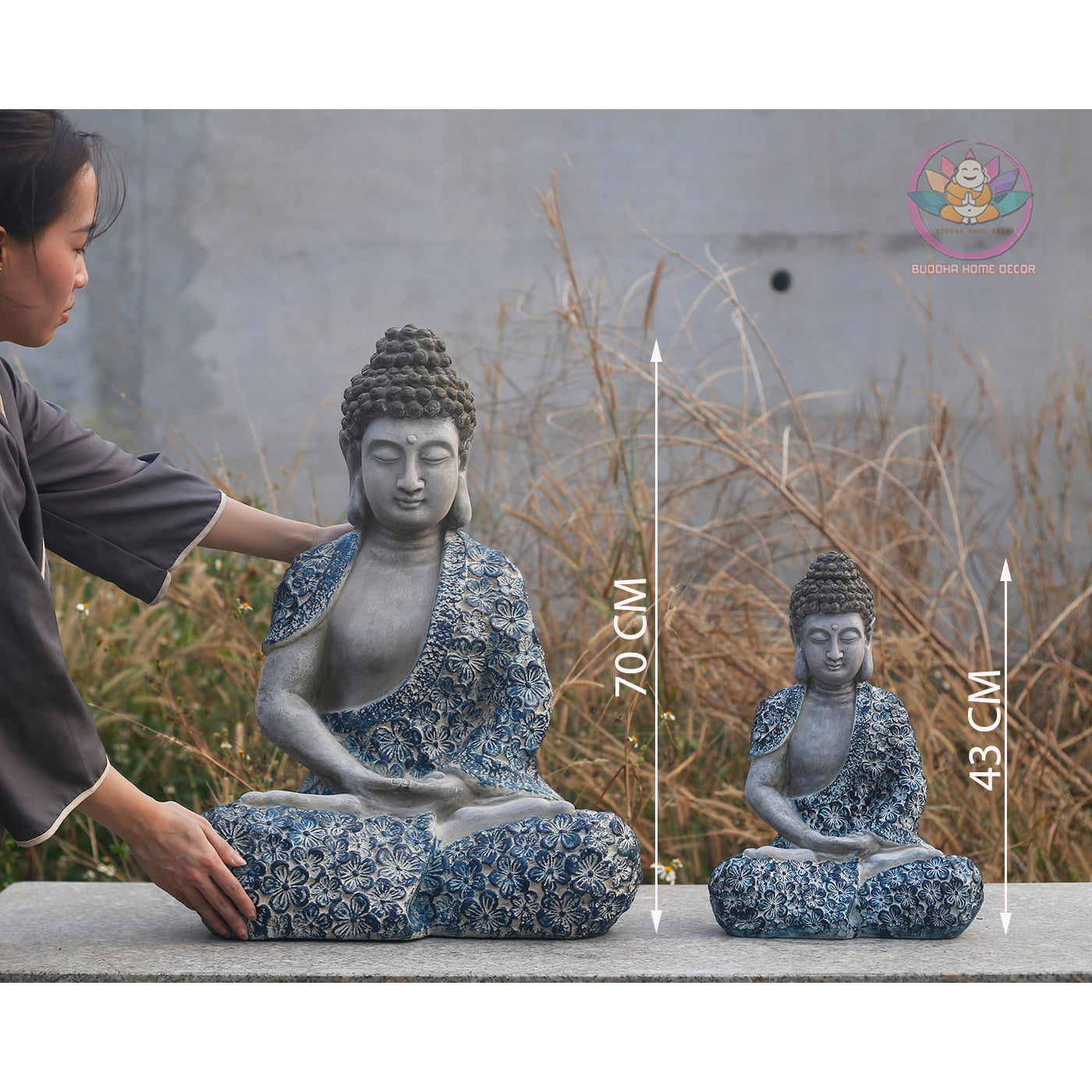 Floral Blue Buddha Statue – 17" & 27.5" | Handcrafted Resin Shakyamuni | Meditation Sculpture with Lotus Motif from Vietnam