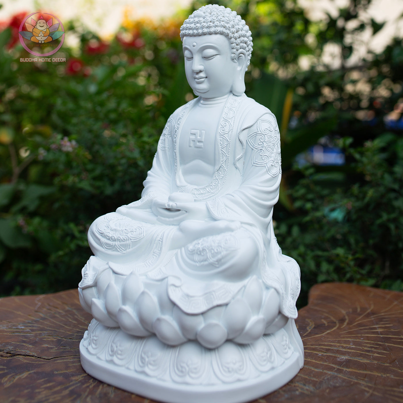 White Buddha Statue – 14.6" Resin Amitabha Buddha Figurine – Zen Home Altar Decor, Meditation Room, Spiritual Gift