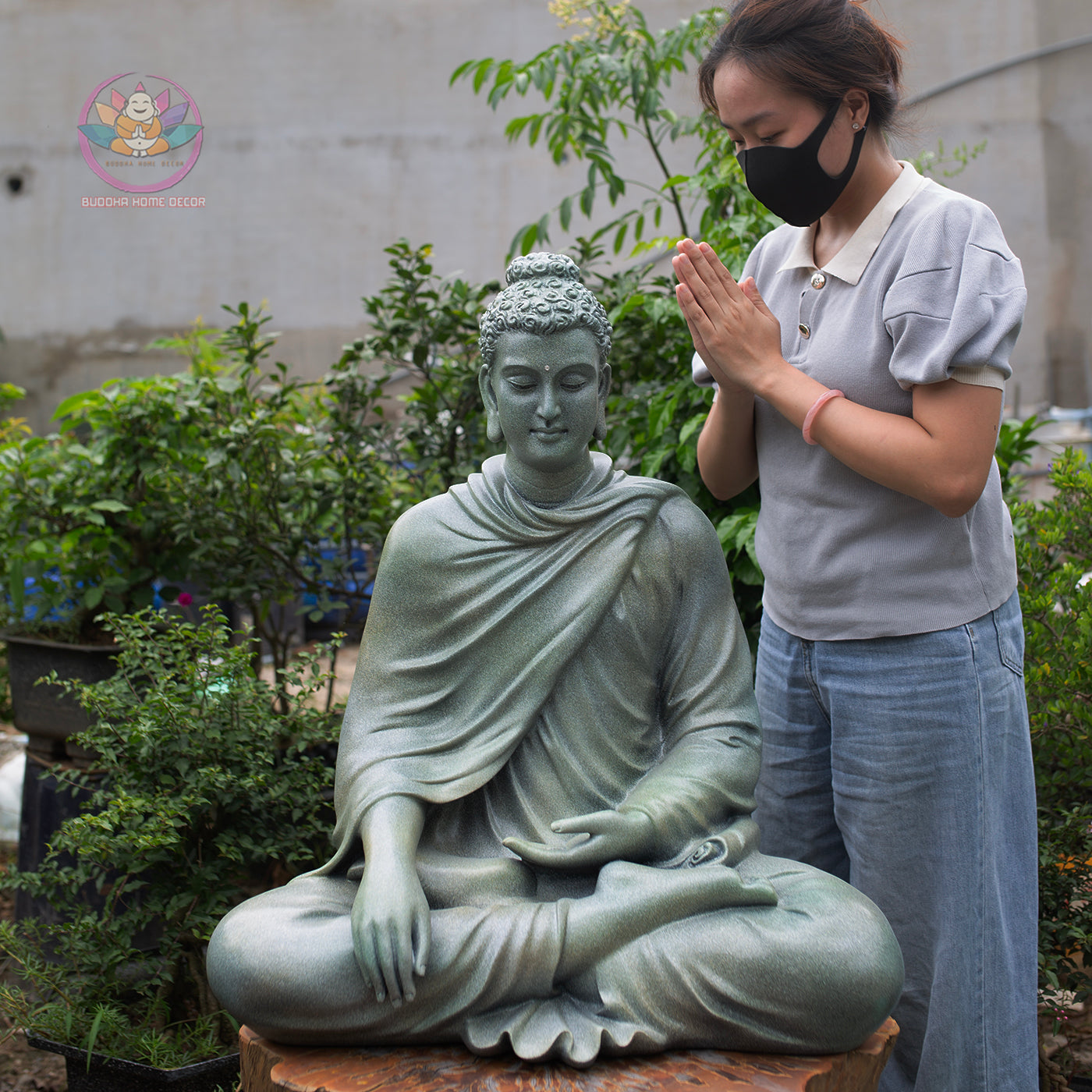 Shakyamuni Buddha Statue 29.5" – Large Resin & Stone Powder Buddha in Stone Grey or Light Teal Finish