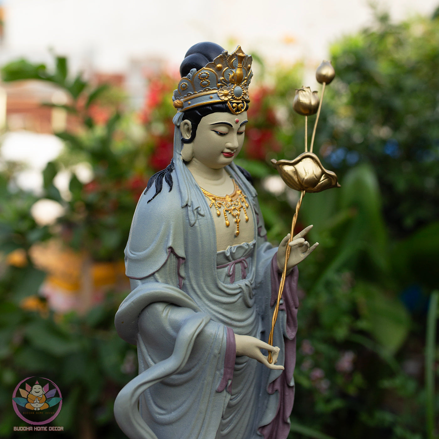 Seishi Bodhisattva Statue – 19.7" (50cm) Standing Mahasthamaprapta with Lotus Staff | Hand-Painted Resin Sculpture | Buddhist Altar Decor