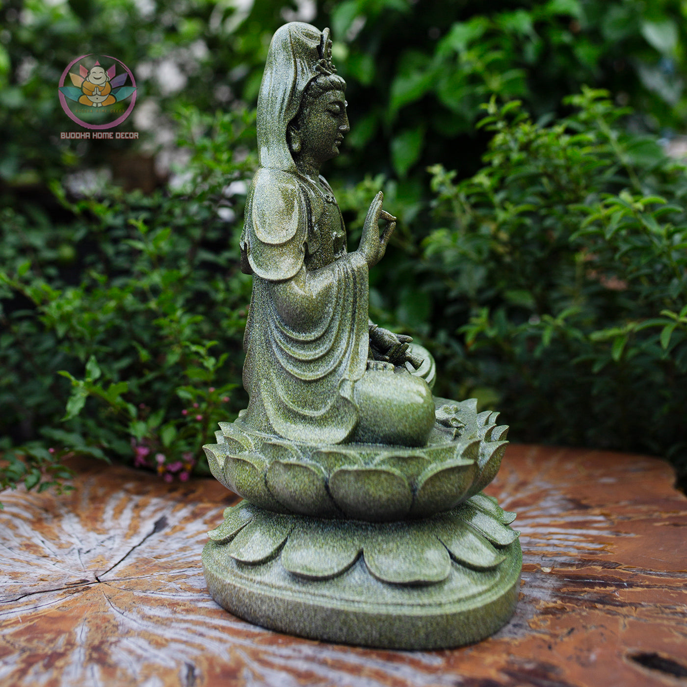 Quan Yin Bodhisattva Statue 11.8" | Green Stone Finish | Seated Guanyin on Lotus Pedestal