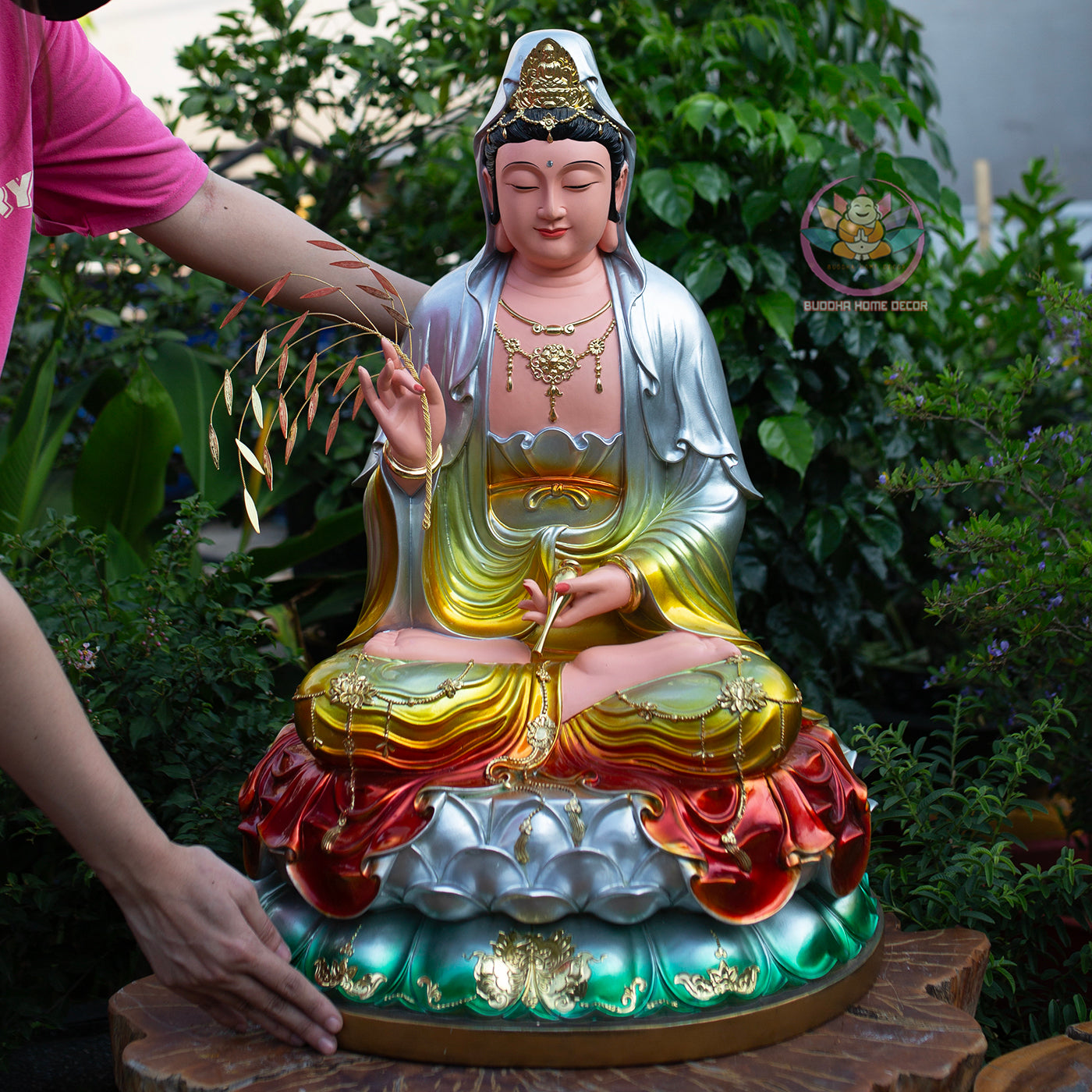 Multi-Color Quan Yin Statue 19.7" | Composite Resin and Stone Powder | Hand-Painted Guanyin Bodhisattva on Lotus Base | Buddhist Altar Decor