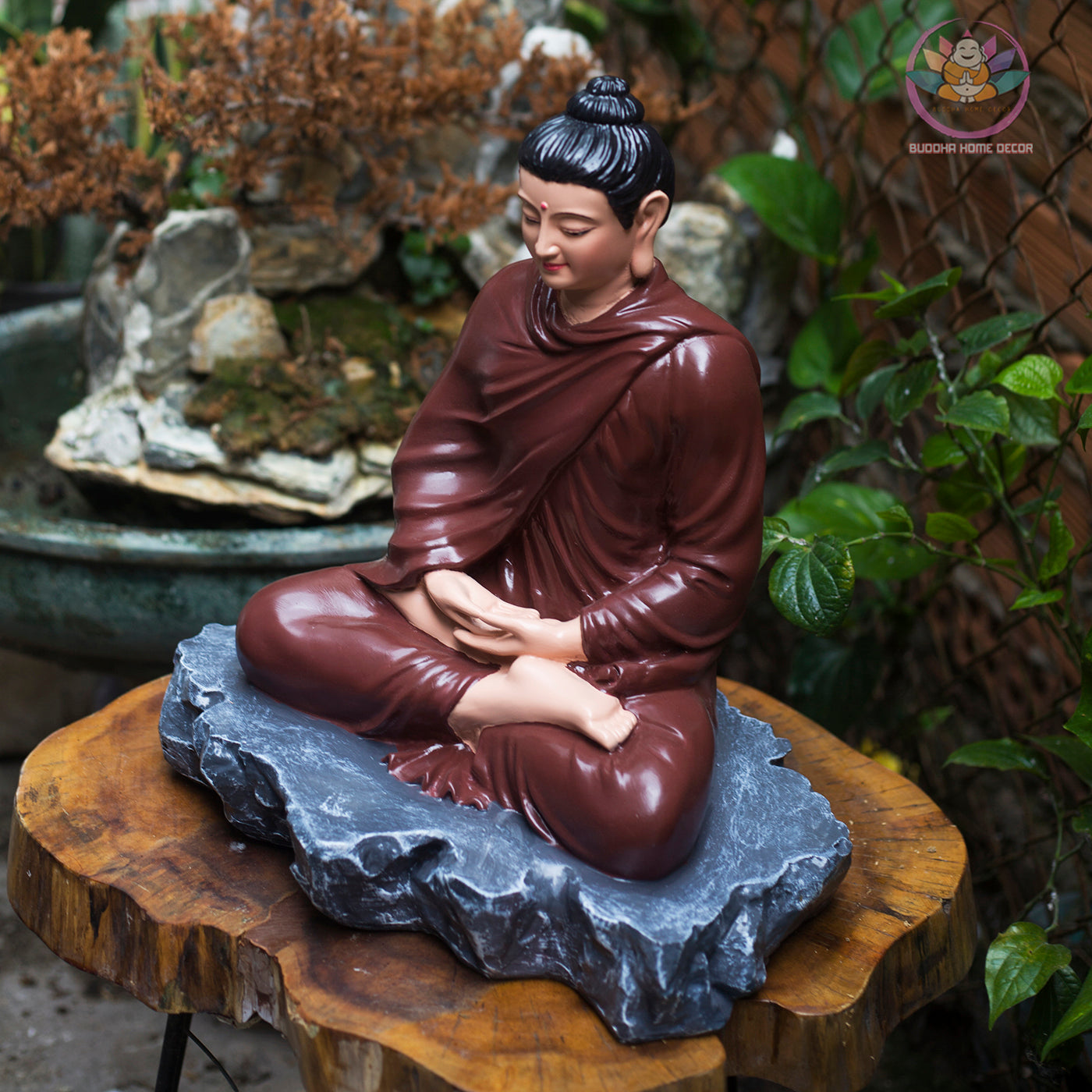 Shakyamuni Buddha Statue – 15.7" (40cm) in Burgundy Robe on Stone Base | Resin Meditation Sculpture | Handcrafted Vietnamese Decor