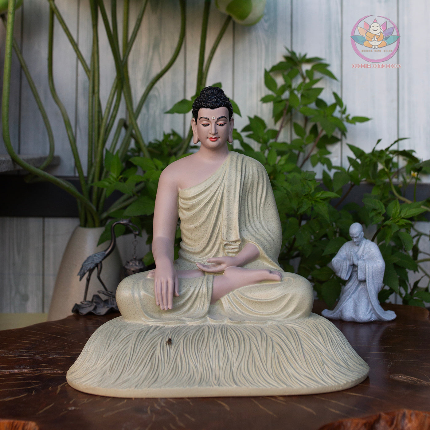 Cream White Shakyamuni Buddha Statue – 11.8" Resin Sculpture on Lotus Base | Elegant Buddhist Decor for Meditation & Home Altar