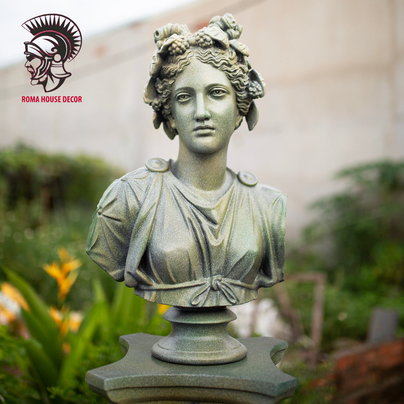 Greek Goddess Artemis Bust with Corinthian Column – Classic Roman Style Sculpture Set, Green Stone Finish (20.8" & 30.7")