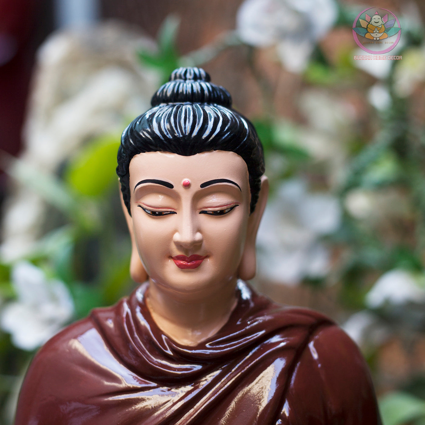 Shakyamuni Buddha Statue – 15.7" (40cm) in Burgundy Robe on Stone Base | Resin Meditation Sculpture | Handcrafted Vietnamese Decor