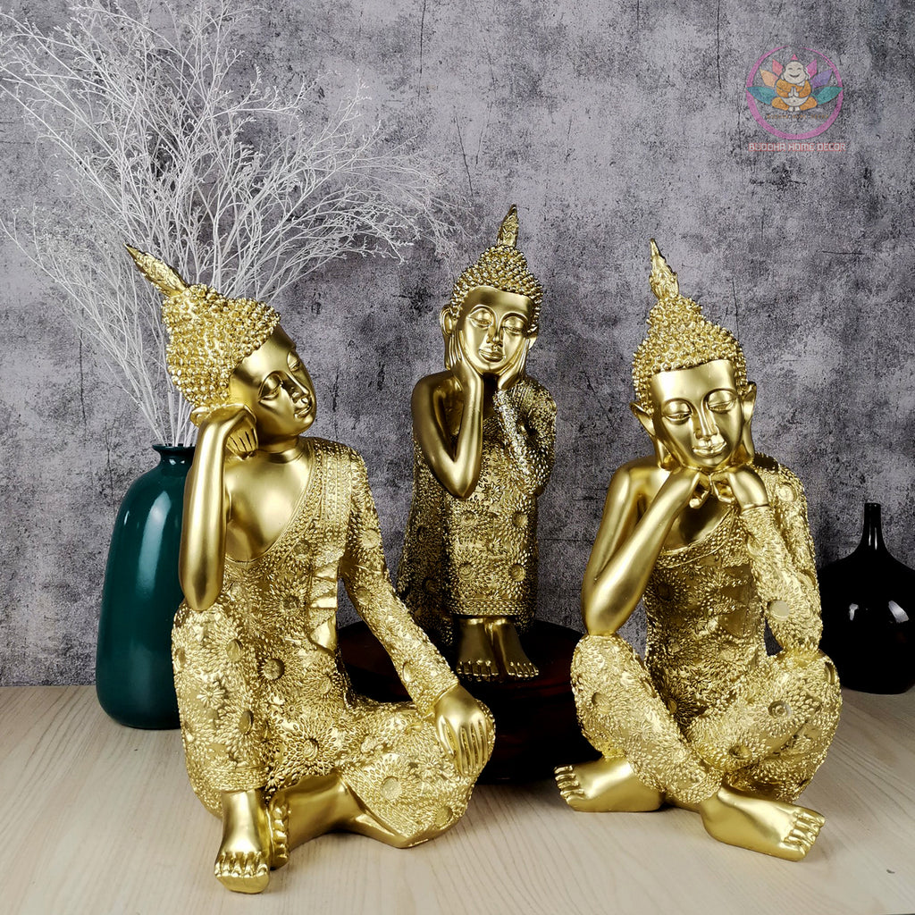 Gold Buddha Trio Statue Set – 14.6" Resin Meditating Buddhas – Peaceful Zen Home Altar, Meditation Space, Spiritual Decor Gift