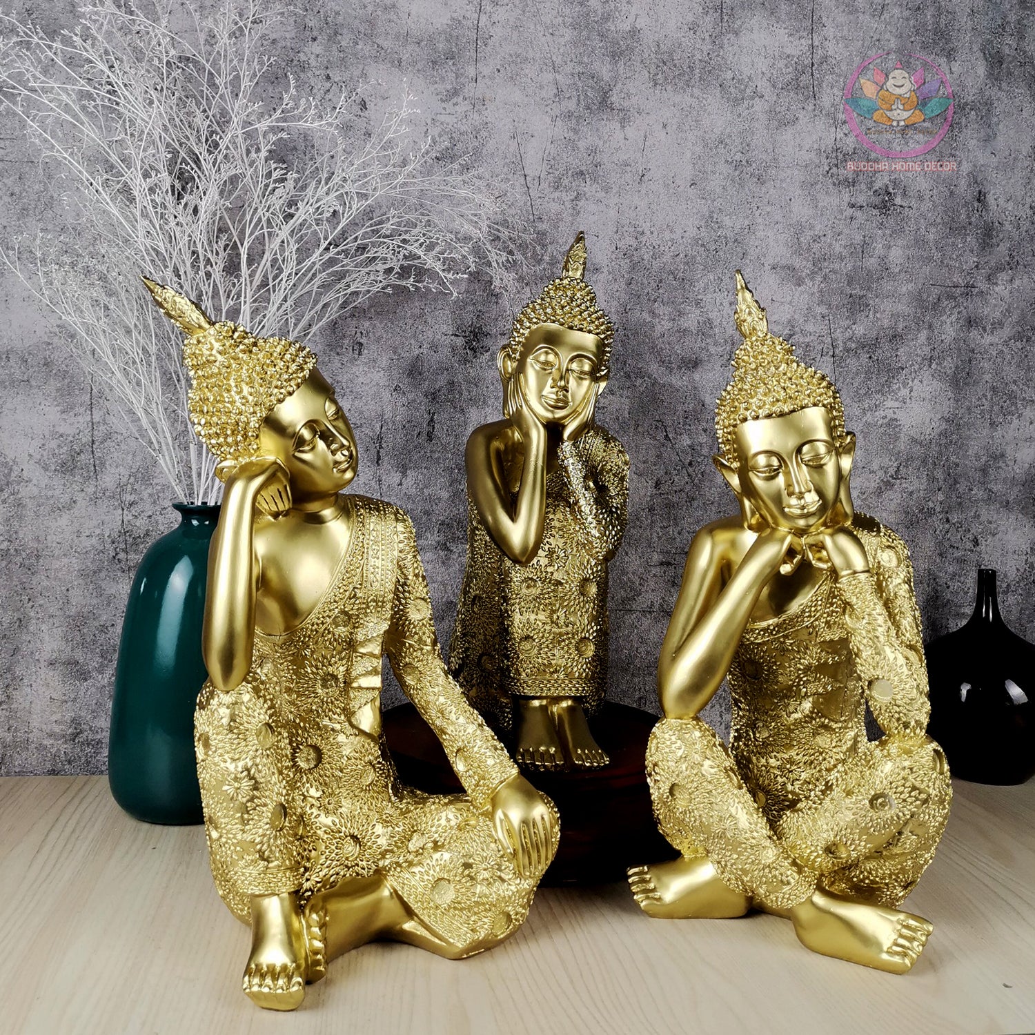 Gold Buddha Trio Statue Set – 14.6" Resin Meditating Buddhas – Peaceful Zen Home Altar, Meditation Space, Spiritual Decor Gift