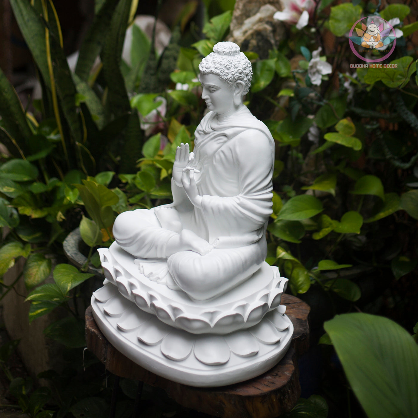 White Buddha Teaching Statue – 19.7" Resin Shakyamuni Turning the Dharma Wheel – Zen Altar, Meditation Space, Spiritual Decor Gift