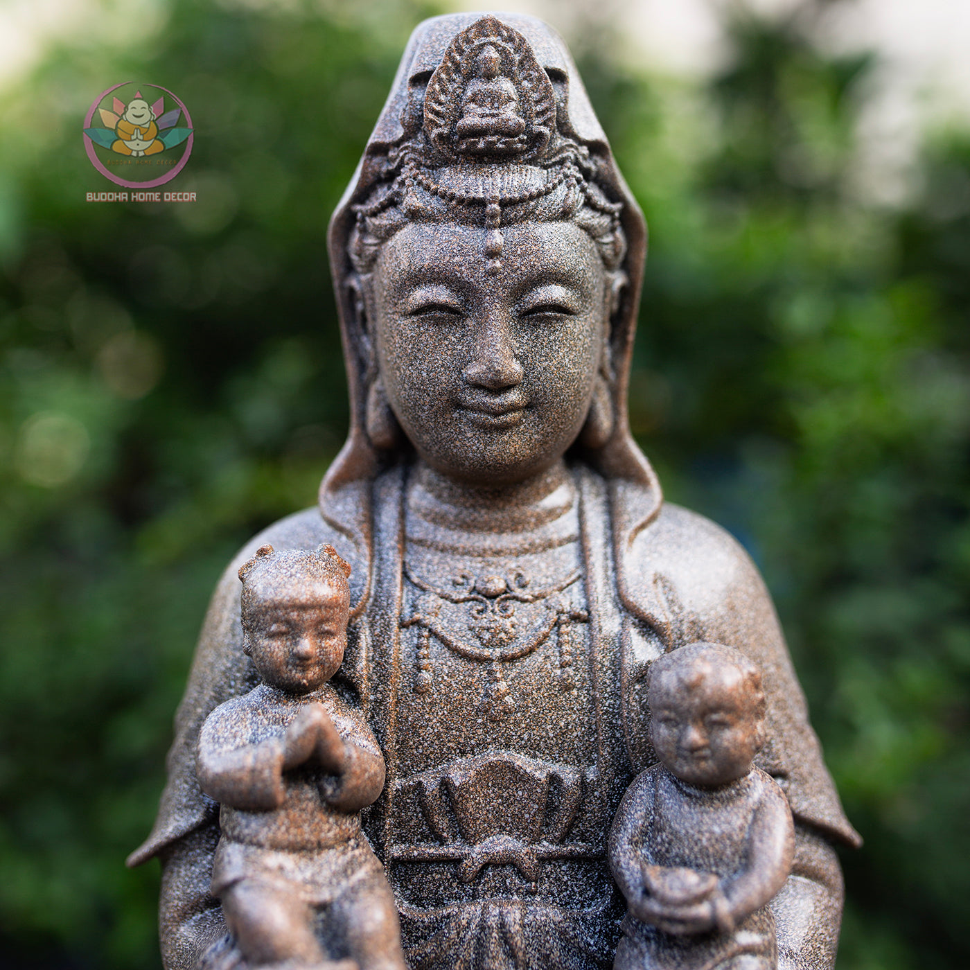 Quan Yin with Children Statue 11.8" | Granite Stone Finish | Guanyin Bodhisattva for Home Altar and Decor