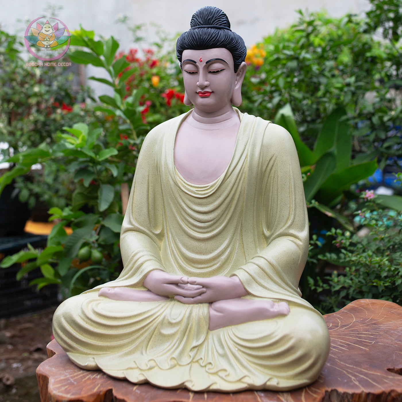 Ivory Yellow Buddha Statue – 21.7" (55cm) Shakyamuni in Meditation | Matte Resin Finish | Handcrafted Vietnamese Buddhist Sculpture