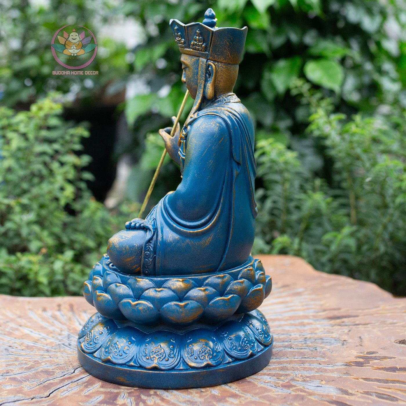 Ksitigarbha Bodhisattva Statue 11.8" – Blue Gold Finish Jizo on Lotus Pedestal