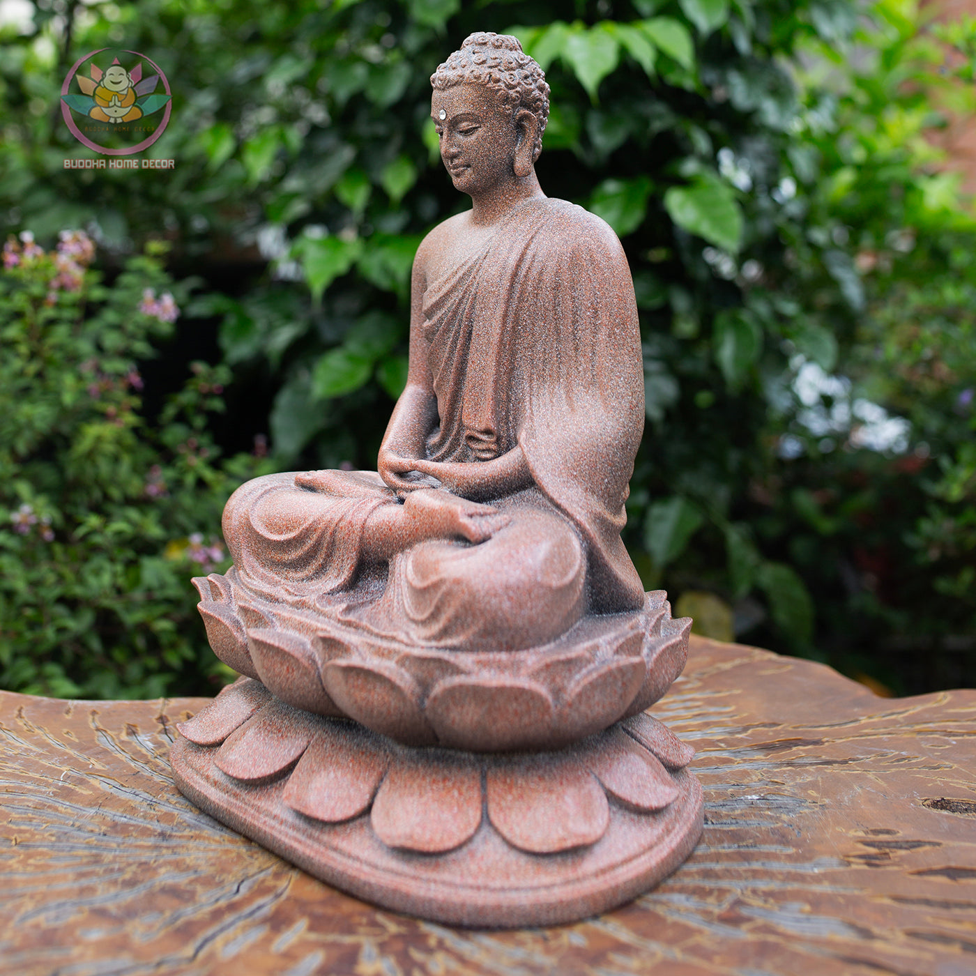 Shakyamuni Buddha Statue 12.6" – Antique Stone Finish Seated Buddha on Lotus Pedestal