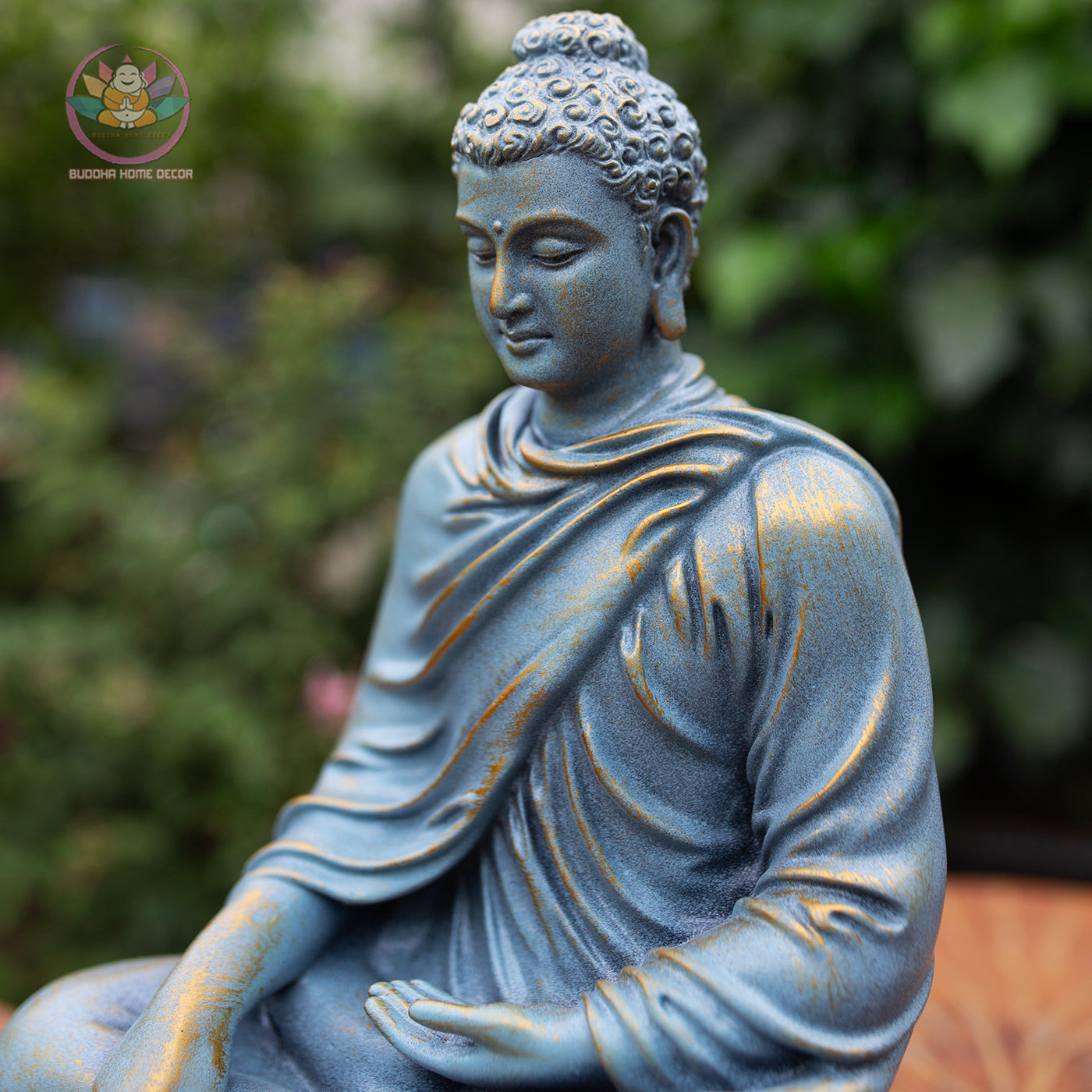 Shakyamuni Buddha Statue 11.8" – Antique Bronze Blue Resin Meditation Sculpture, Seated Buddhist Figurine, Zen Home Altar Spiritual Decor