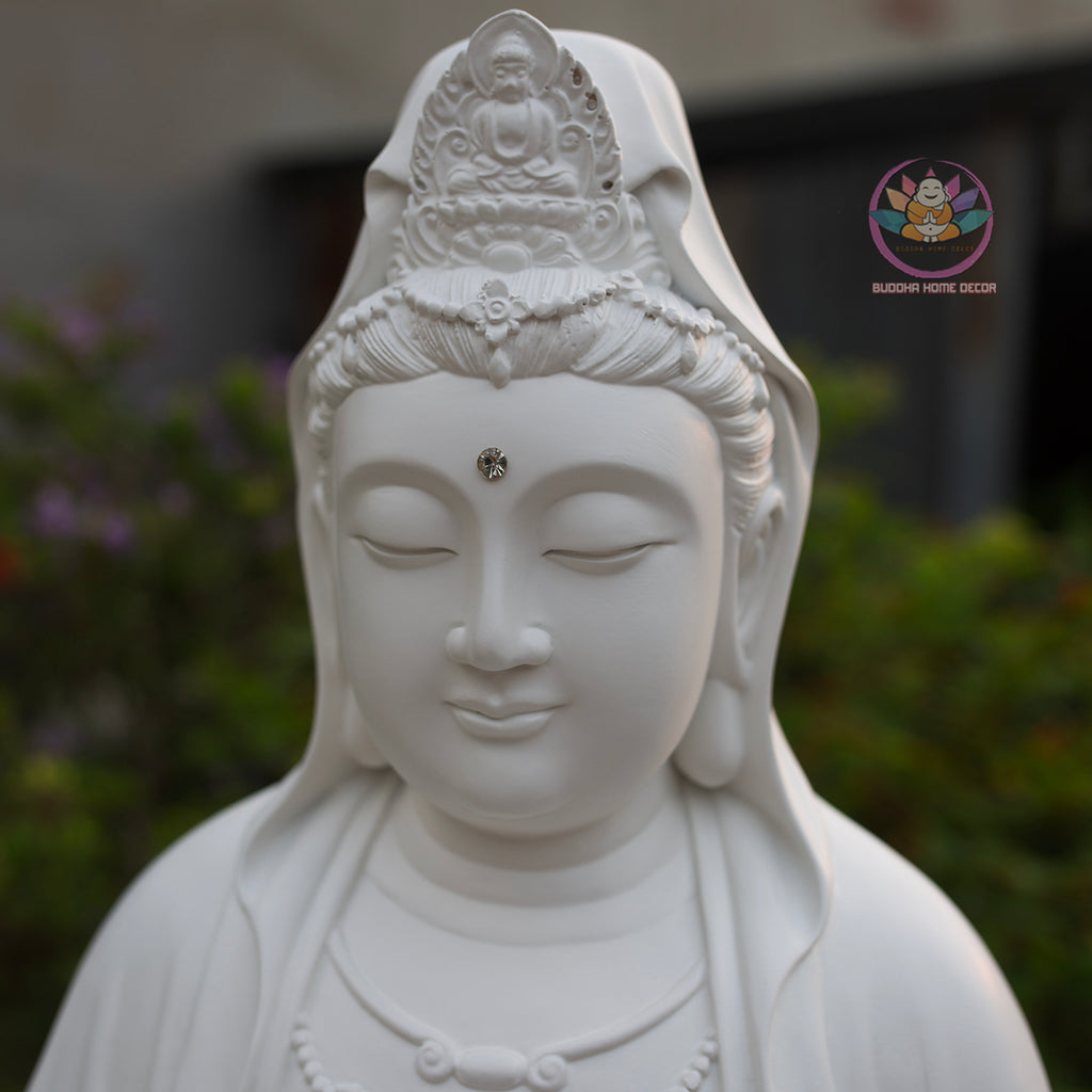 Large White Guanyin Bodhisattva Statue – Handmade Lotus Meditation Decor