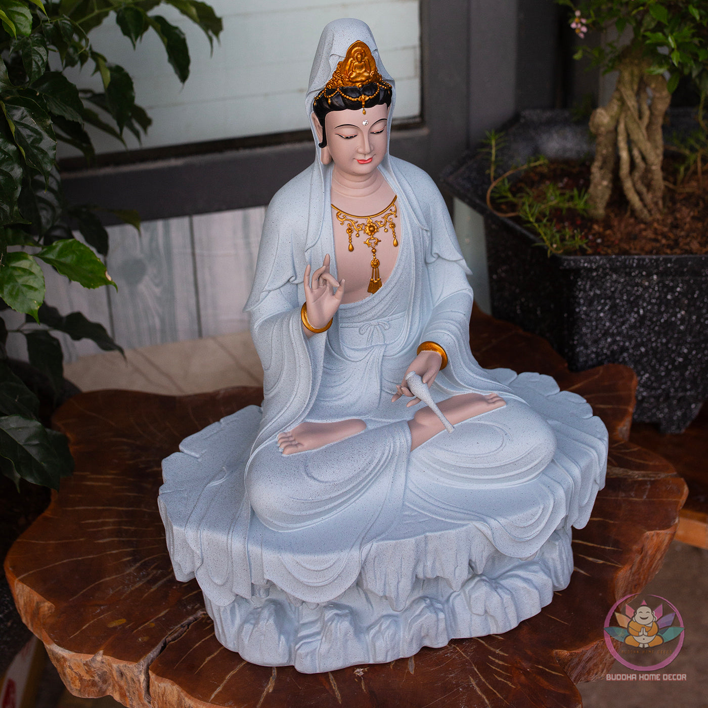 Guanyin Bodhisattva Statue 17.7" – Large Resin Kwan Yin Sitting on Rock Pedestal, Goddess of Mercy Sculpture, Zen Buddhist Altar Decor