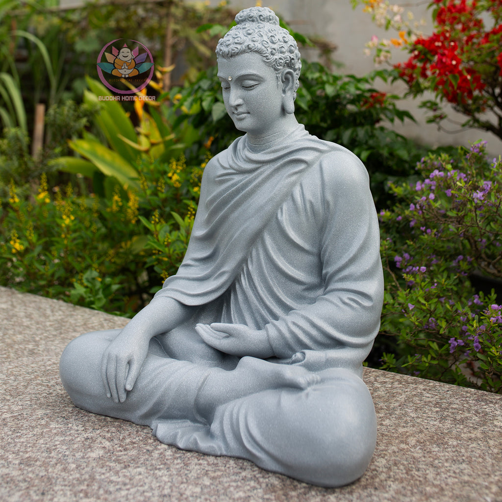 Shakyamuni Buddha Statue 23.6" | Composite Resin and Stone Powder | Gray Stone Finish