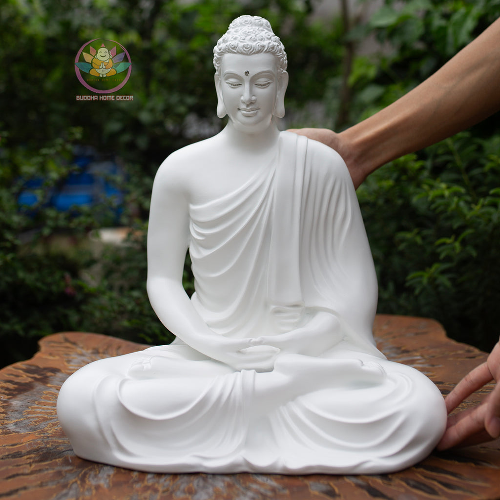 White Shakyamuni Buddha Statue – 37cm Resin Stone Sculpture | Meditating Buddha Figurine