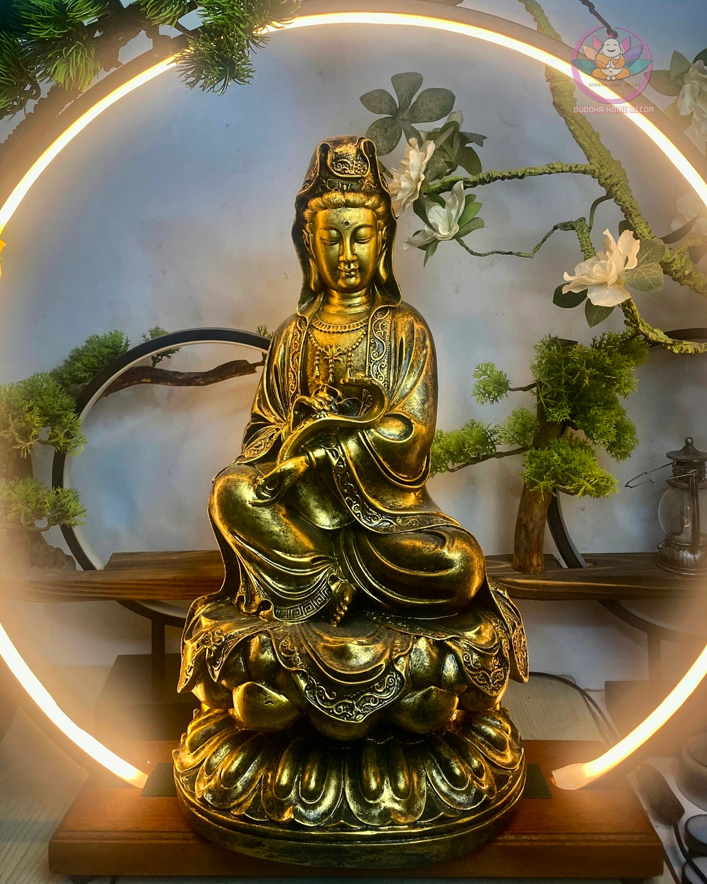 Bronze Guanyin Statue – 18.9" Resin Kwan Yin Bodhisattva Figurine – Zen Home Altar, Meditation Room, Spiritual Decor Gift