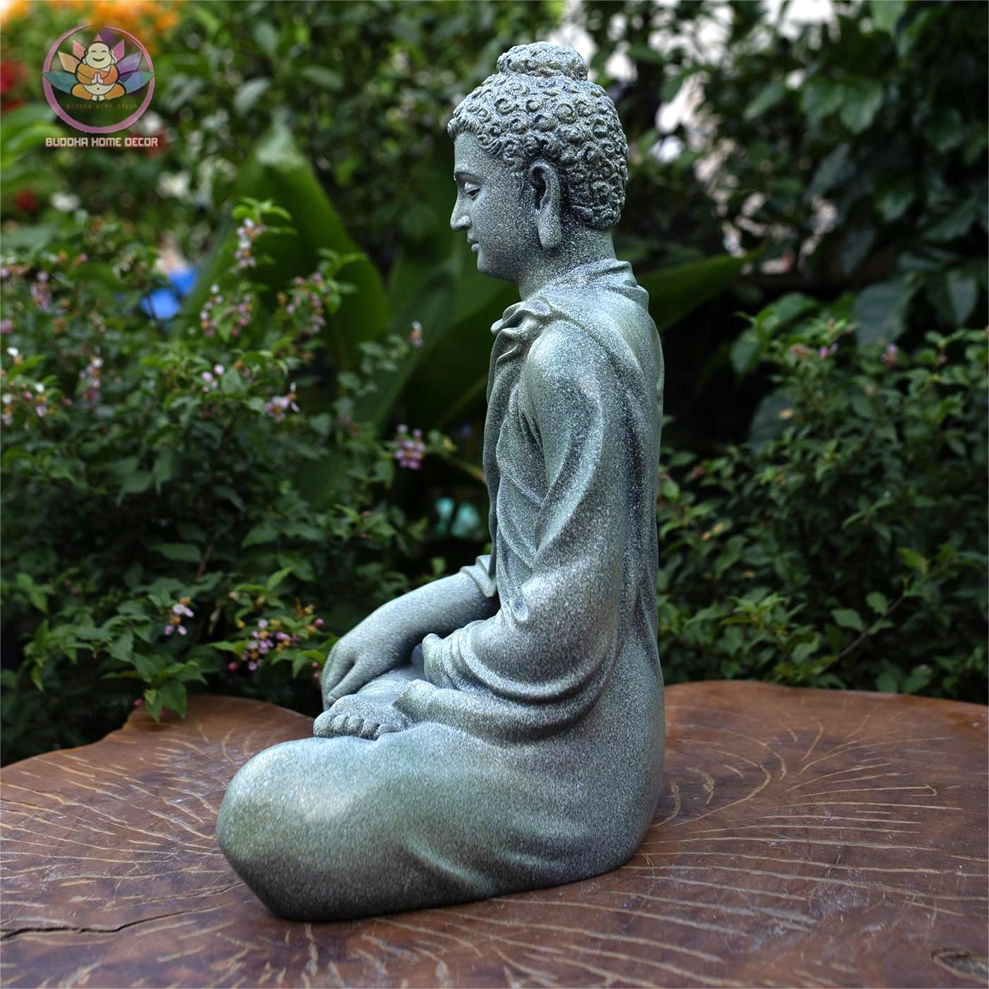 Granite-Look Buddha Statue – 14.6" (37cm) Shakyamuni in Earth-Touching Mudra | Resin Stone Meditation Sculpture | Handmade in Vietnam
