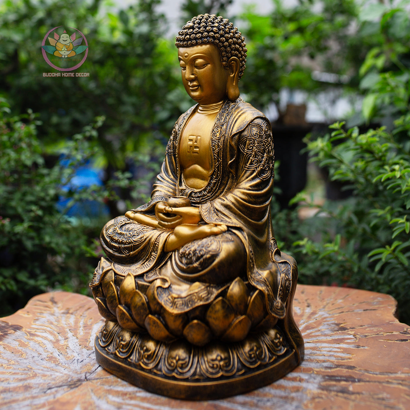 Golden Amitabha Buddha Statue – 14.9" Resin & Stone Sculpture | Meditating Buddha on Lotus Base