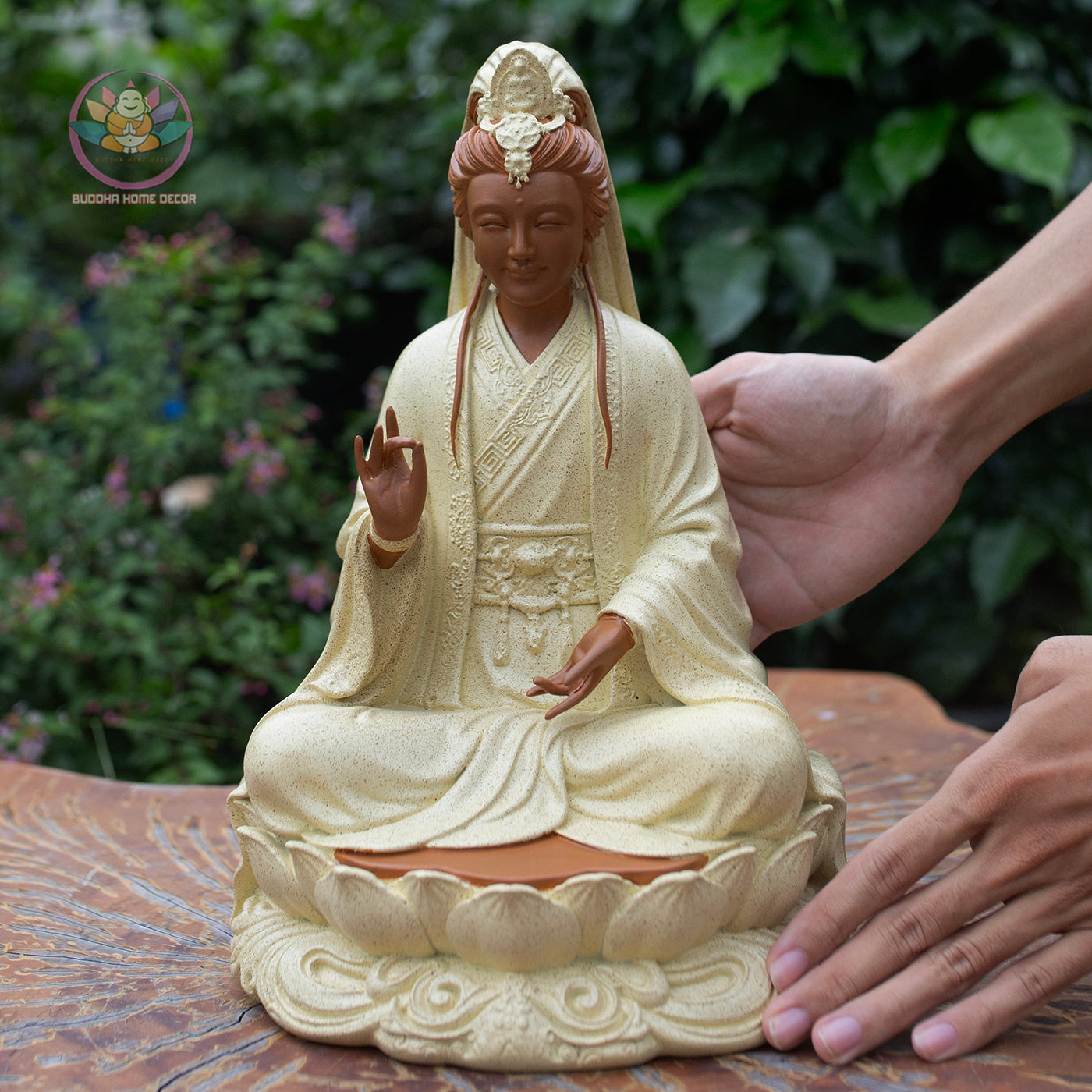 Guanyin Bodhisattva Statue 11.8" – Composite Seated Quan Yin on Lotus Pedestal