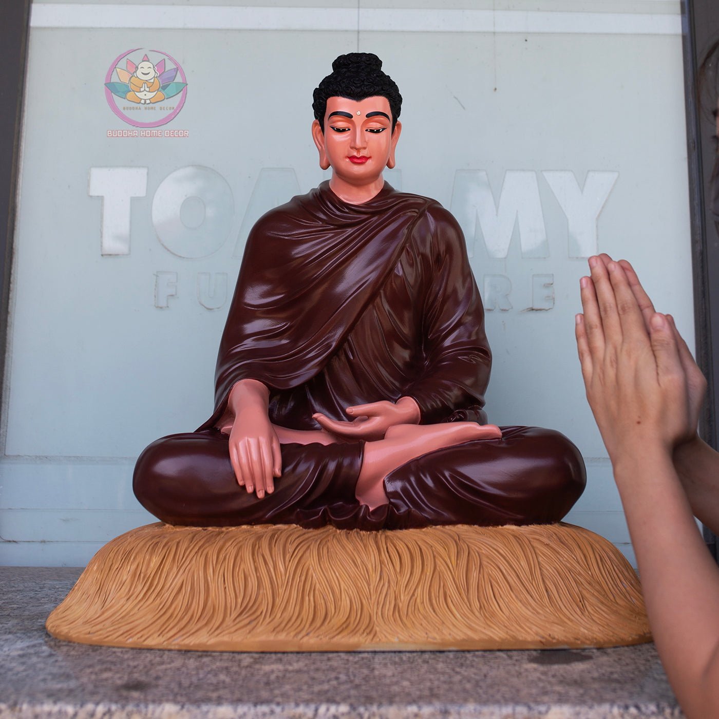 Shakyamuni Buddha Statue 23.6" Seated on Pedestial Glossy Ceramic Brown Finish