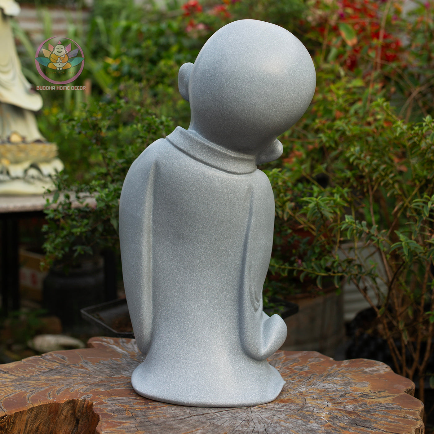 Happy Little Monk Statue 19.7" | Composite Resin and Stone Powder | Grey Stone Finish | Zen Monk Figurines for Home and Garden Decor