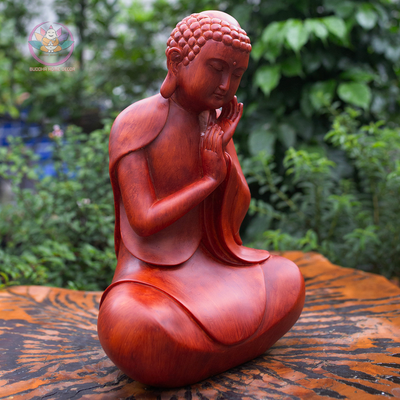 Resting Buddha Statue 13.8" – Red Wood Finish Peaceful Meditating Buddha Sculpture