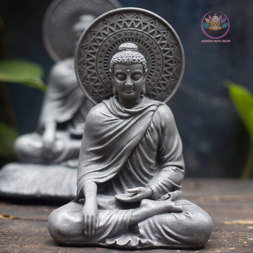 Buddha Statue with Halo – Shakyamuni Meditation Sculpture | Composite Resin Stone Finish | 18cm & 22cm
