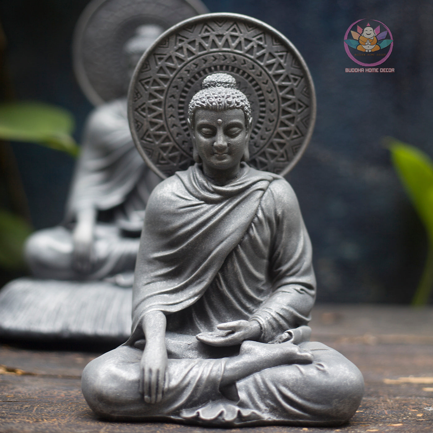 Buddha Statue with Halo – Shakyamuni Meditation Sculpture | Composite Resin Stone Finish | 18cm & 22cm
