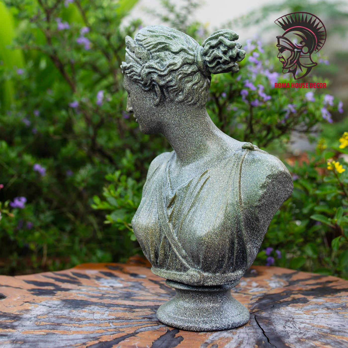 Greek Goddess Artemis Bust with Column Pedestal – Classic Green Stone Finish Sculpture Set (11.8" & 13")