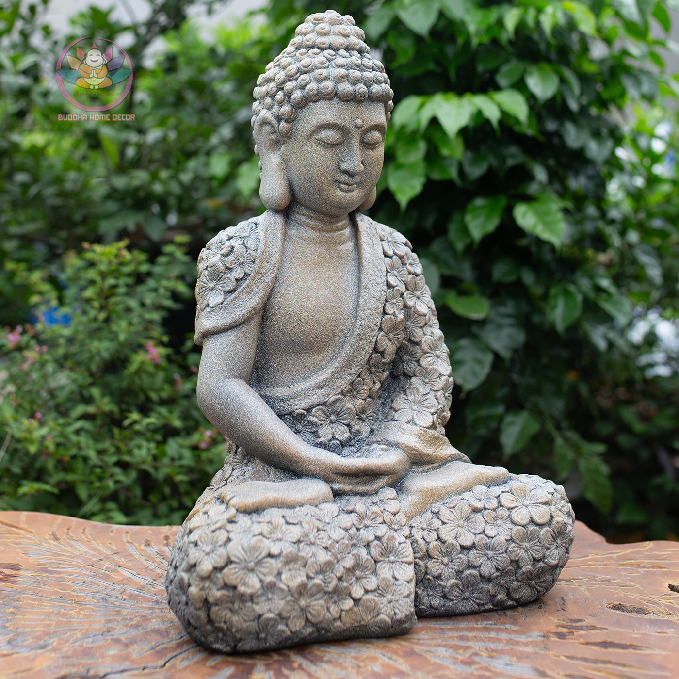 Meditating Buddha Statue 16.9" – Antique Stone Finish Floral Robe Buddha Sculpture