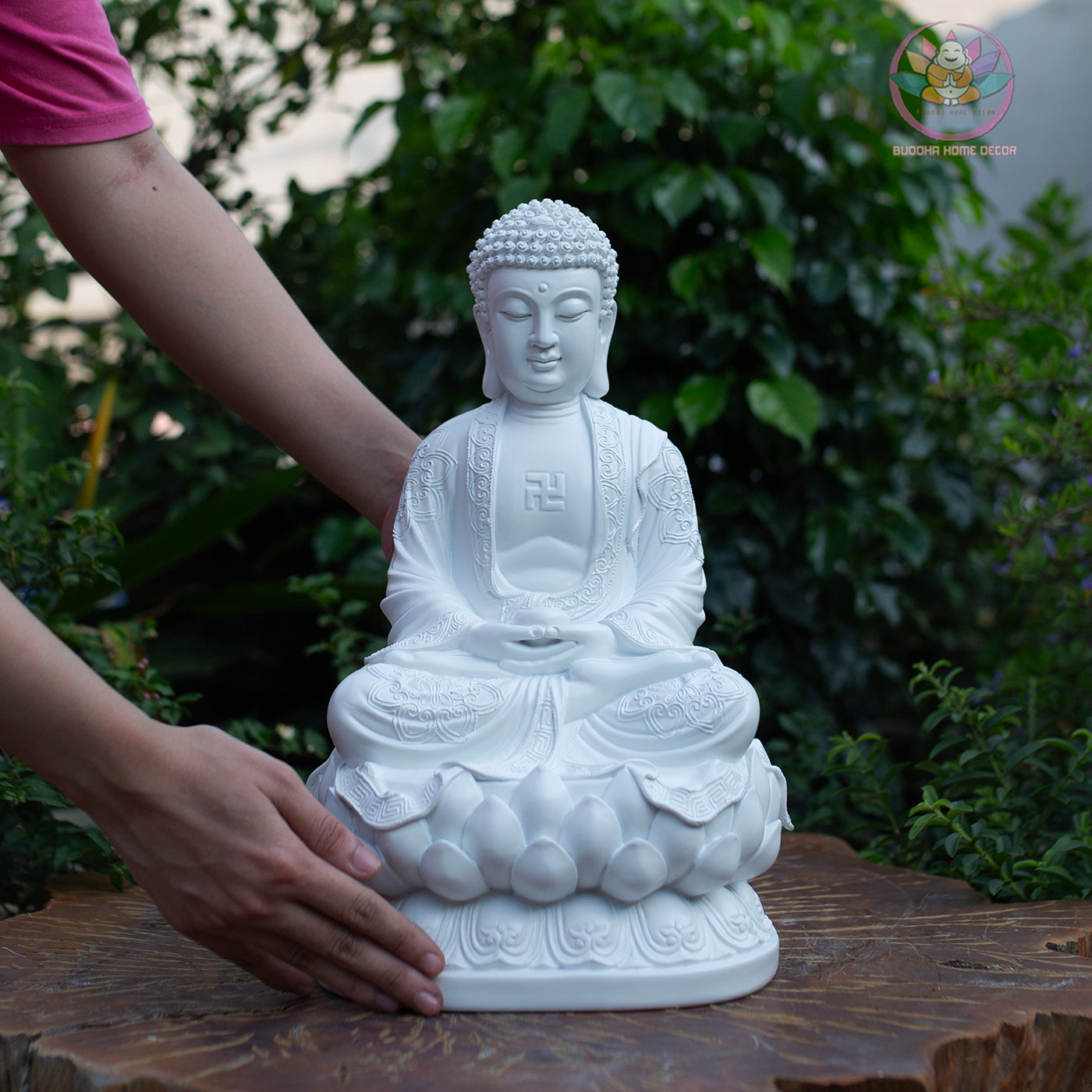 White Buddha Statue – 14.6" Resin Amitabha Buddha Figurine – Zen Home Altar Decor, Meditation Room, Spiritual Gift