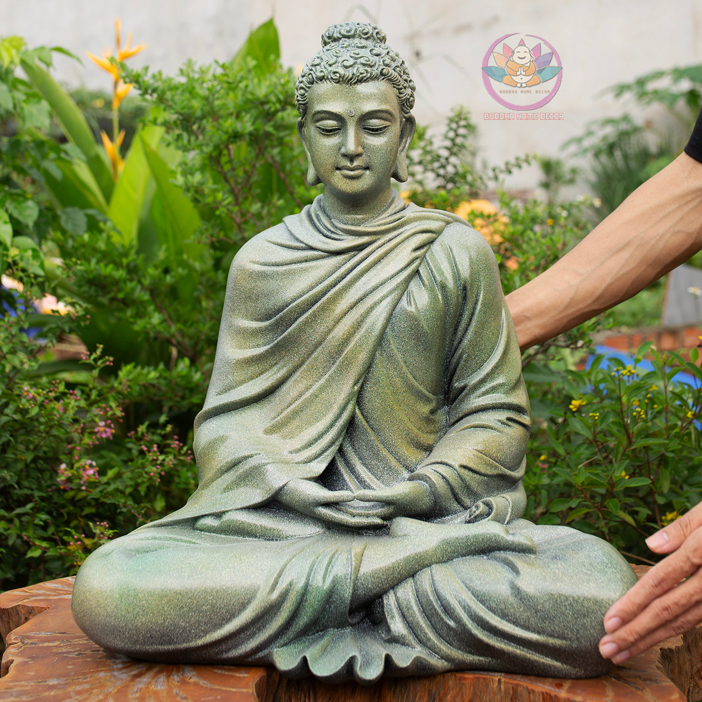 Shakyamuni Buddha Statue 20.5" | Composite Resin and Stone Powder | Green Stone Finish | Seated Meditation Buddha for Home and Garden Decor